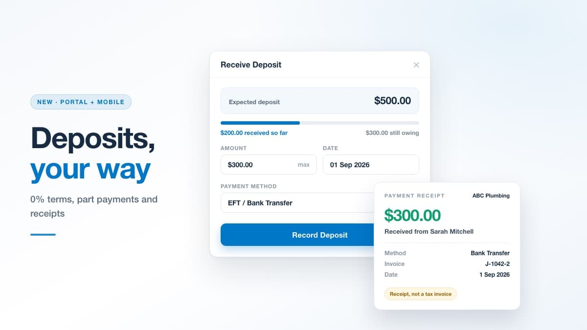 Deposits that fit how you get paid: 0% terms, deposits that wait for real money and payment receipts