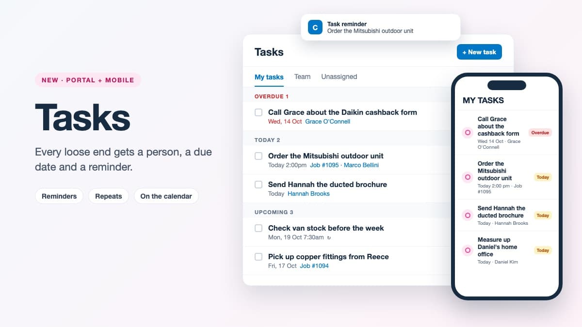 Tasks: to-dos with reminders, on the portal and in the app