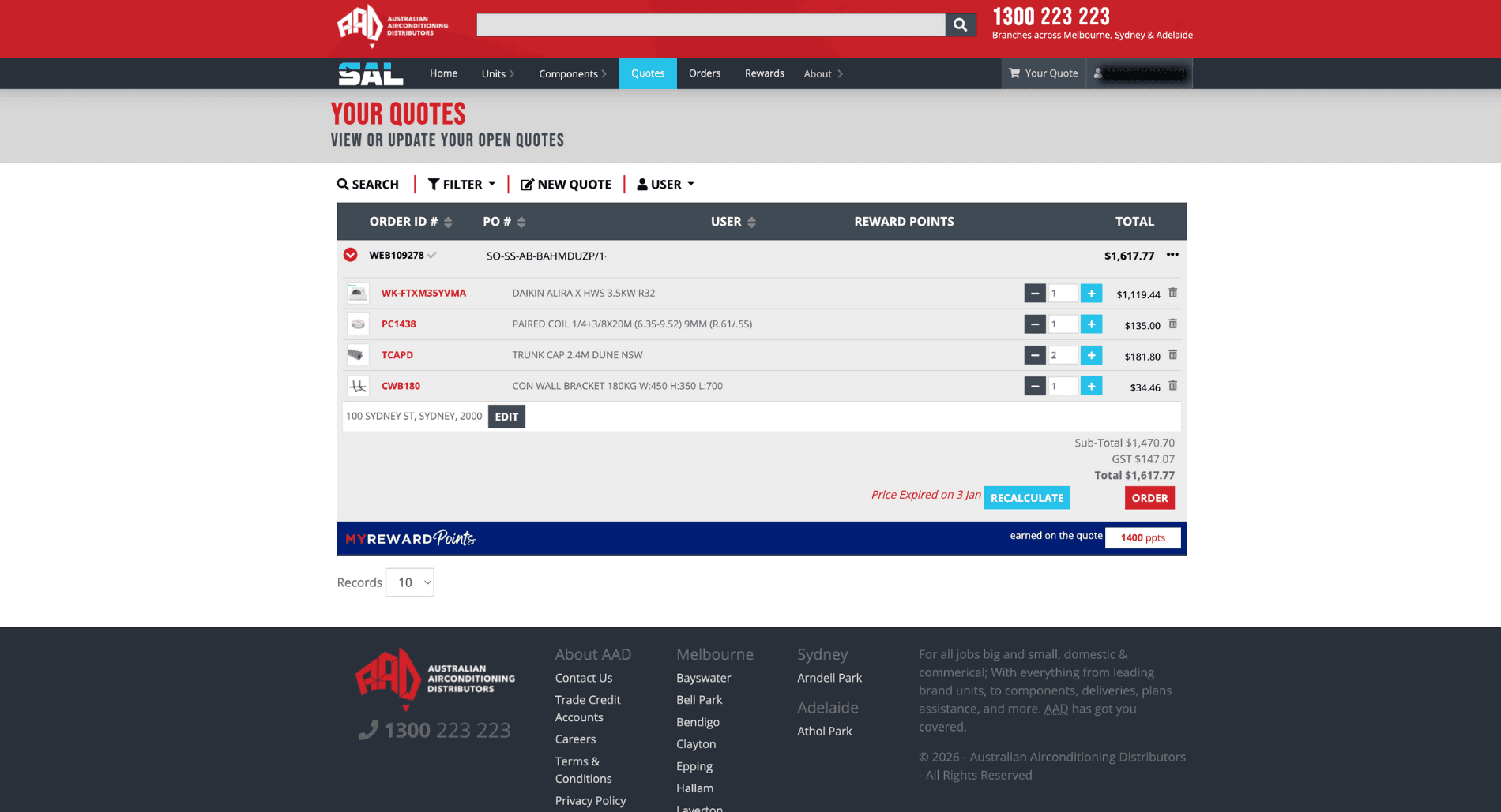 SAL portal showing incoming order from Cooledge