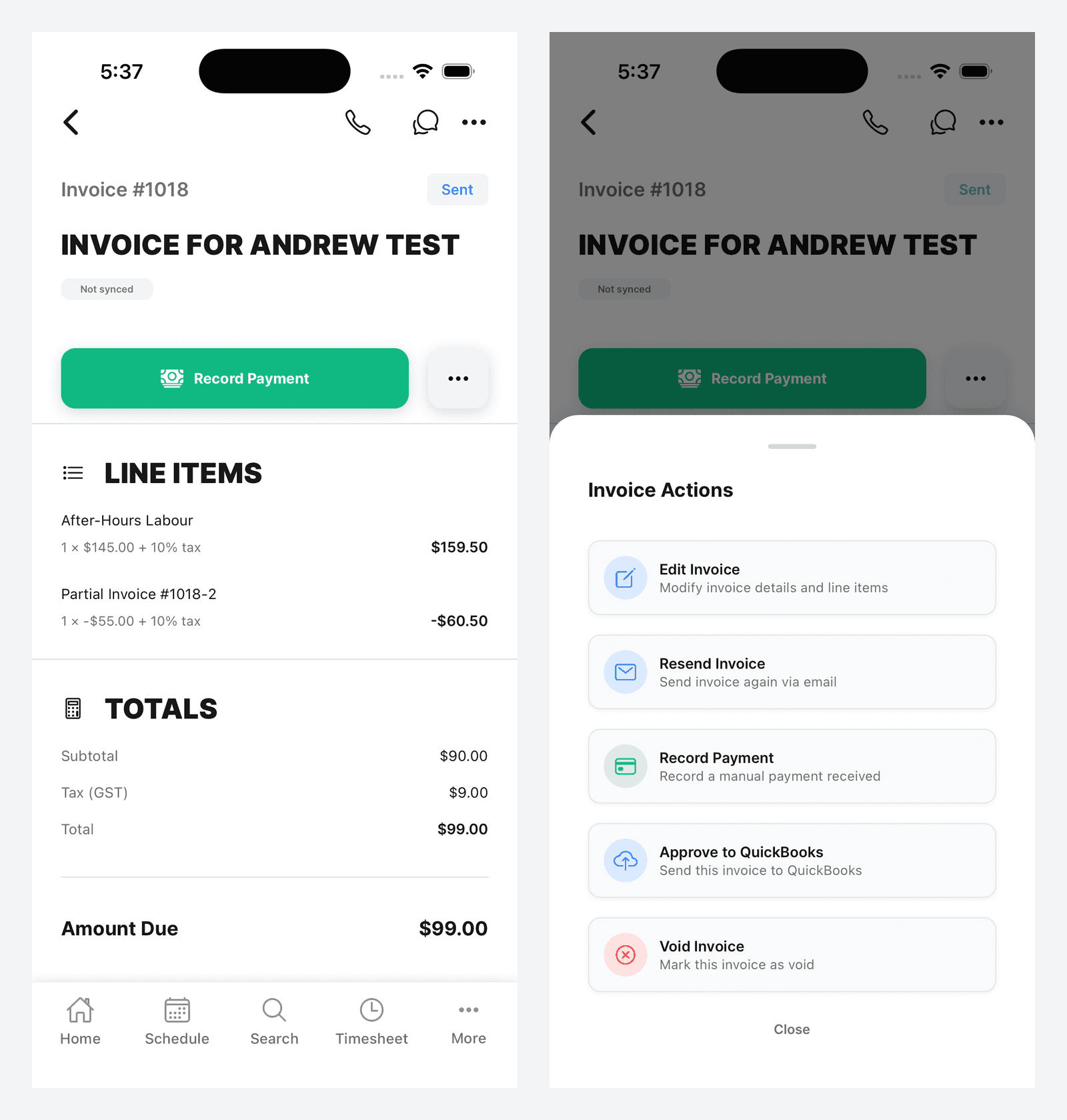 Two mobile screens, one showing an invoice with a Not synced badge and one showing the Invoice Actions sheet with Approve to QuickBooks