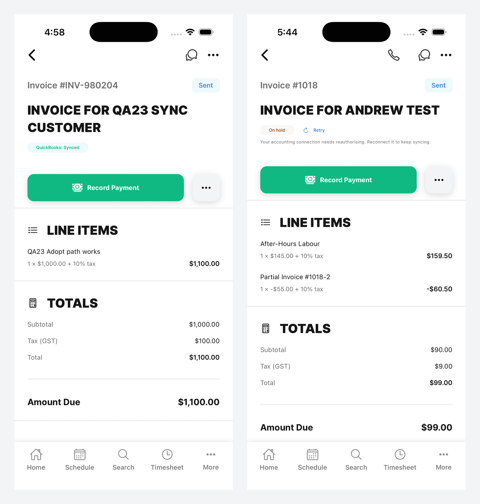 Two mobile screens, one showing a QuickBooks Synced badge on an invoice and one showing an On hold badge with its reason and a Retry button