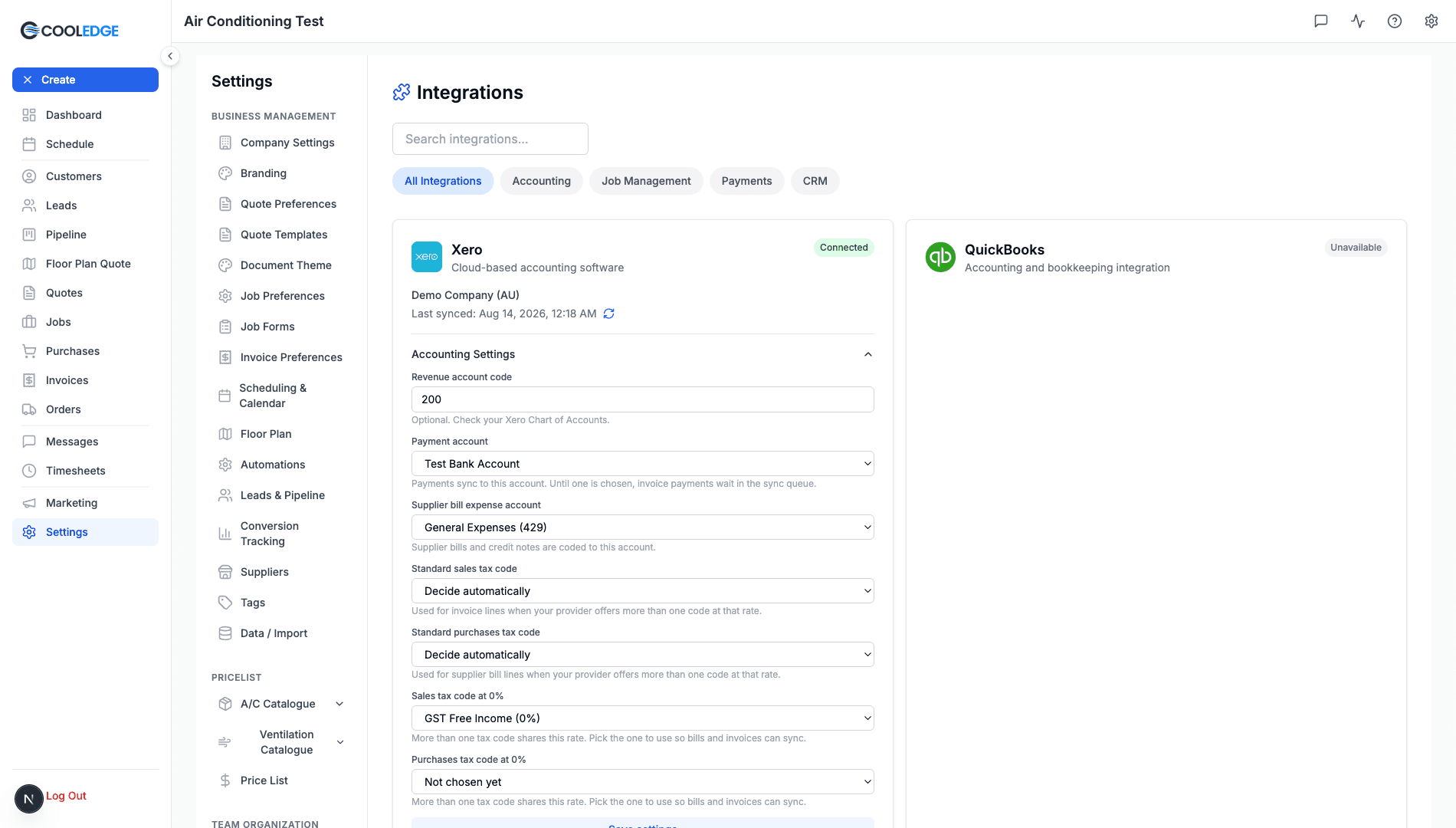 Settings, Integrations with an accounting provider connected and the Accounting Settings panel open showing the account and tax code pickers