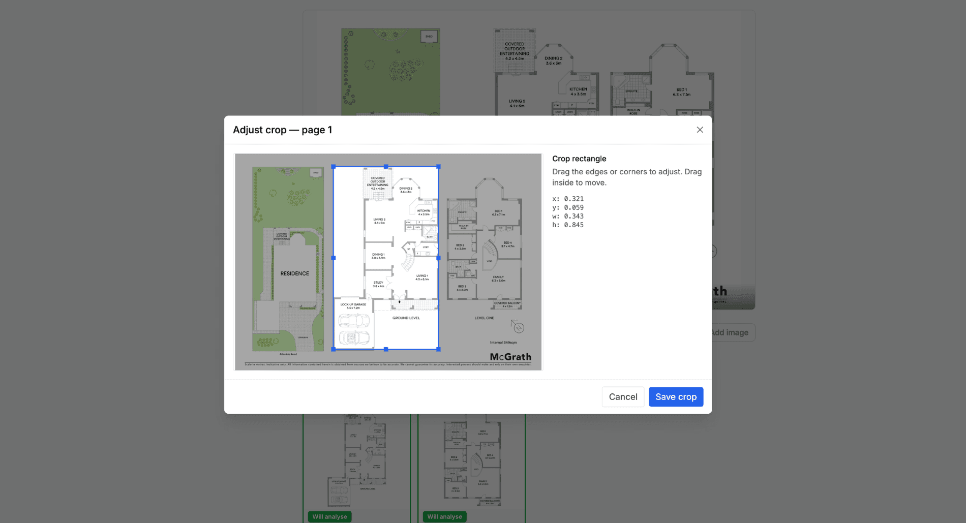 Adjust crop modal showing a draggable crop rectangle over a floor plan with x, y, w, h coordinates on the right