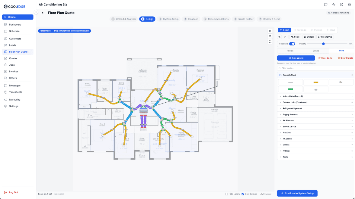 Auto-routed duct layout on a single-zone floor plan
