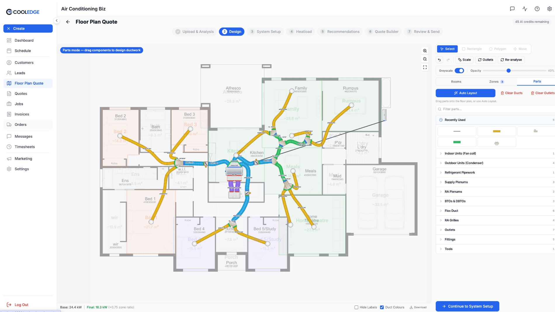 Full auto-routed duct layout with three zones on a residential floor plan