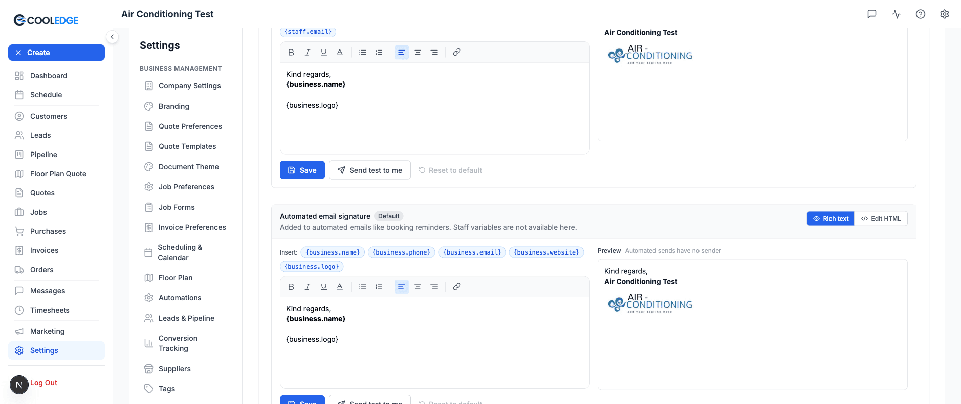 The Automated email signature card, with the five business variable chips, the editor and the preview labelled Automated sends have no sender