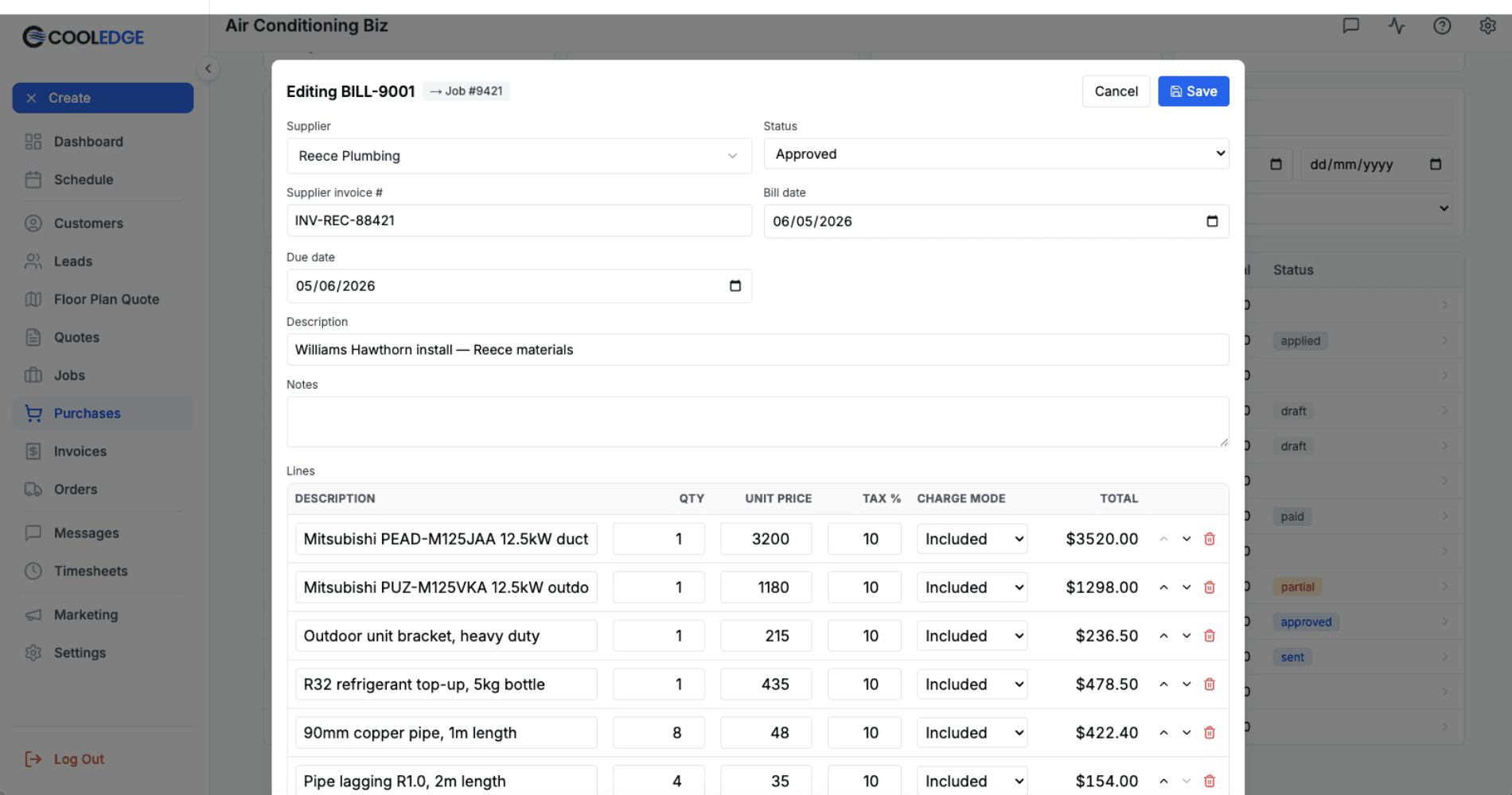 Bill editor with supplier, dates and line items filled in