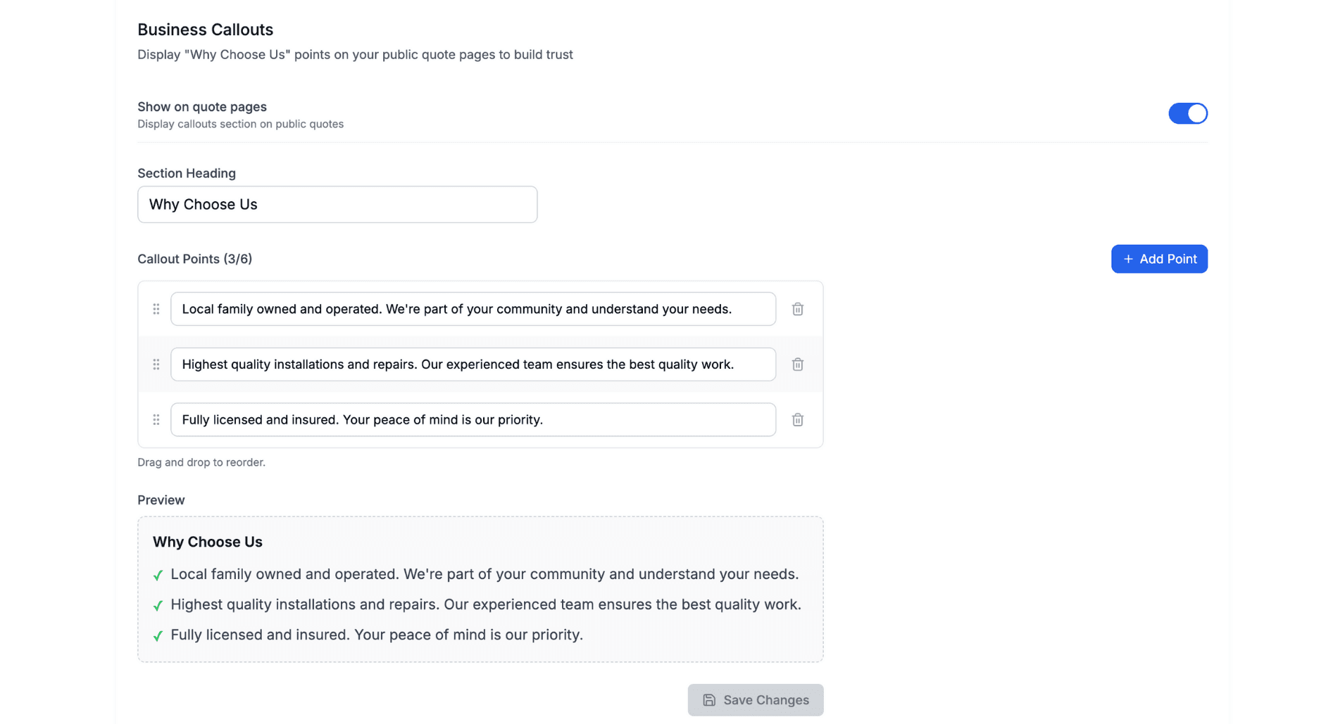 Business callout settings
