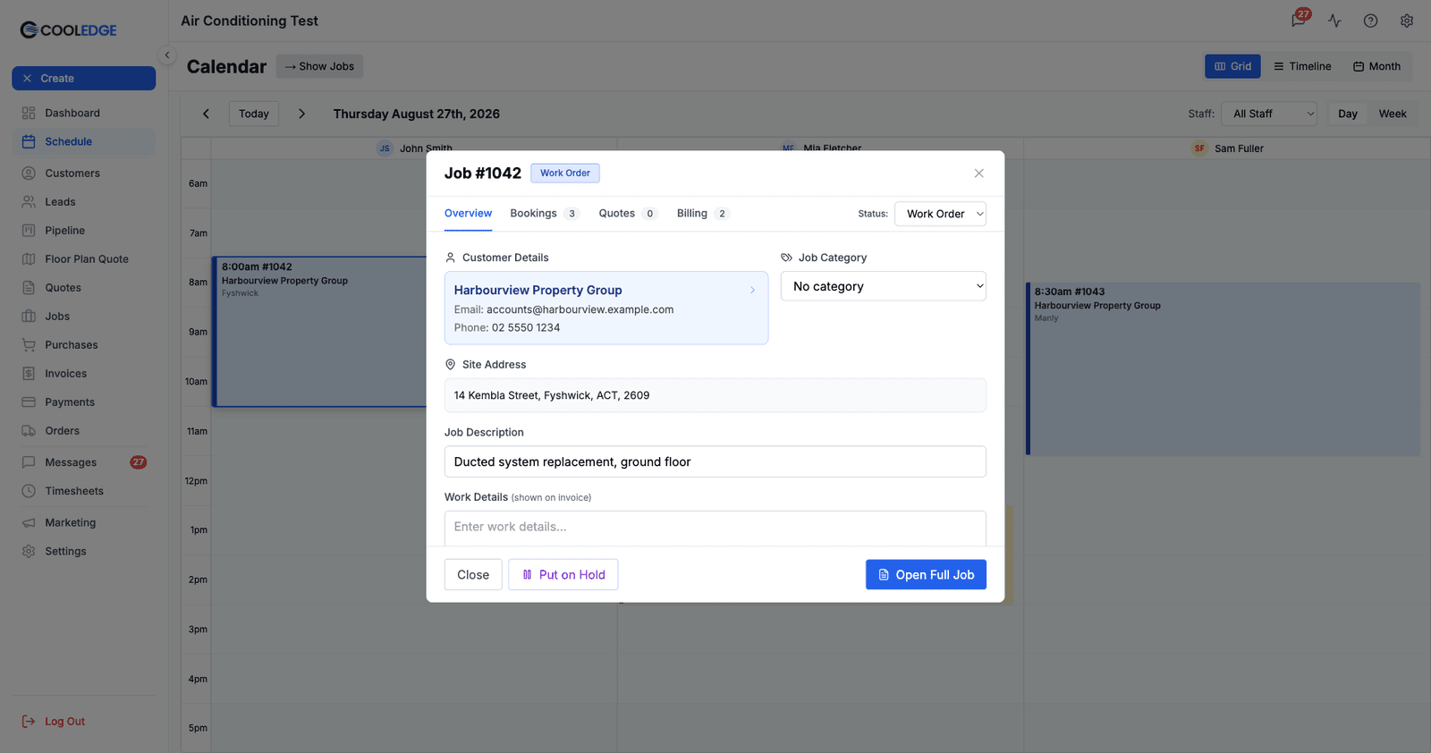 The job details modal that opens when you double click a booking on the calendar