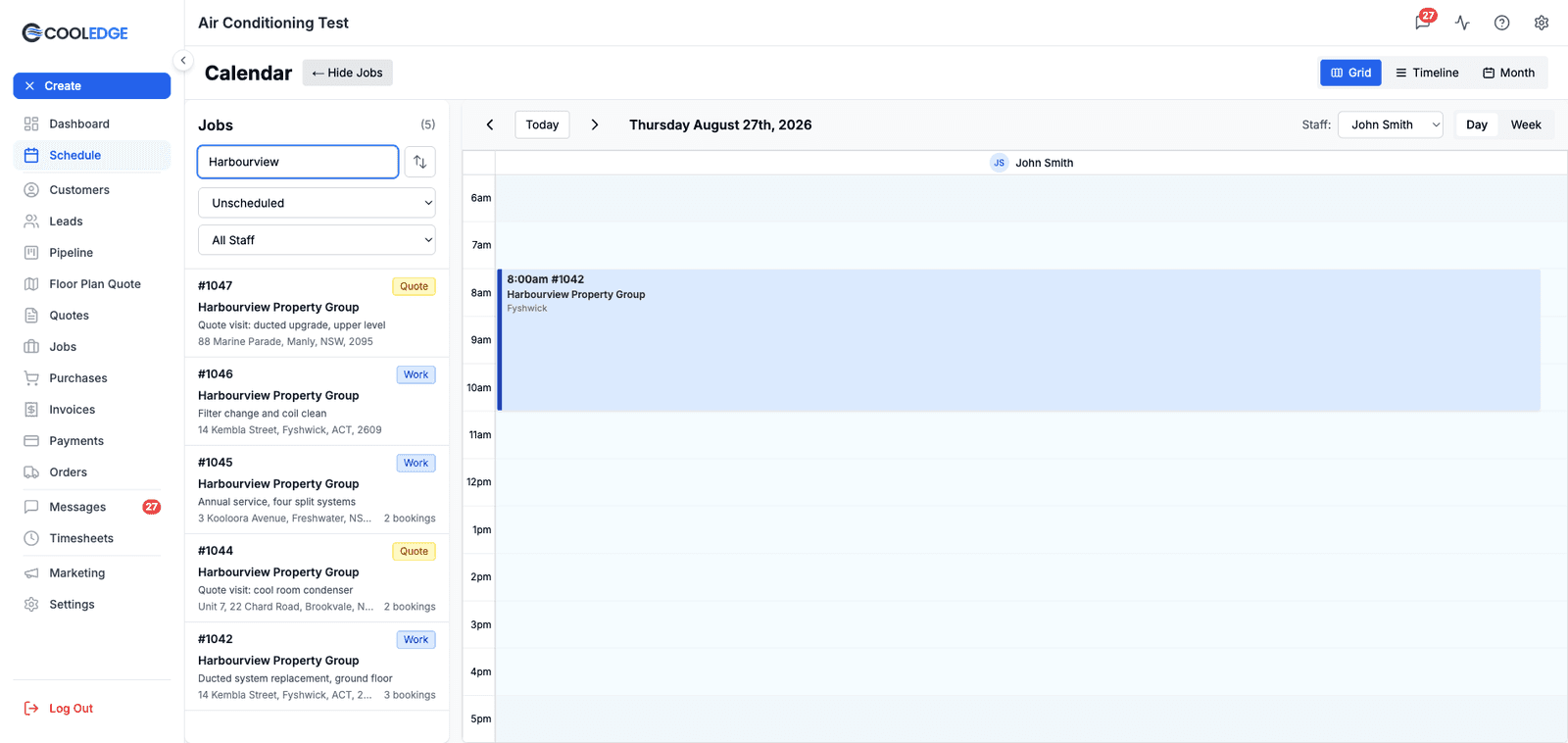 The calendar's jobs sidebar, listing jobs that still need scheduling