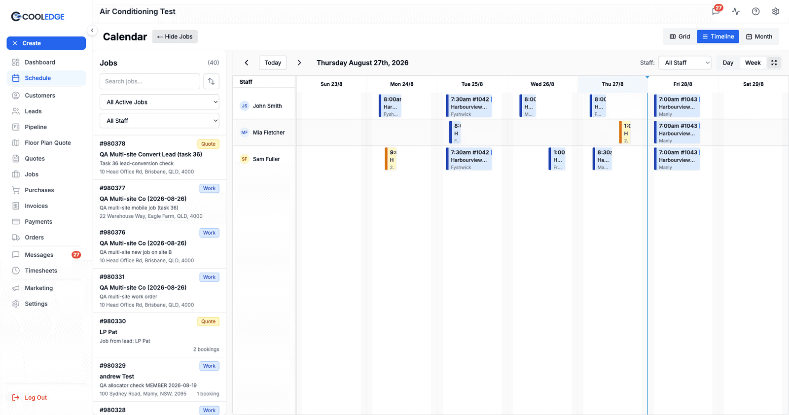 Timeline Week view, showing a full week with staff as rows