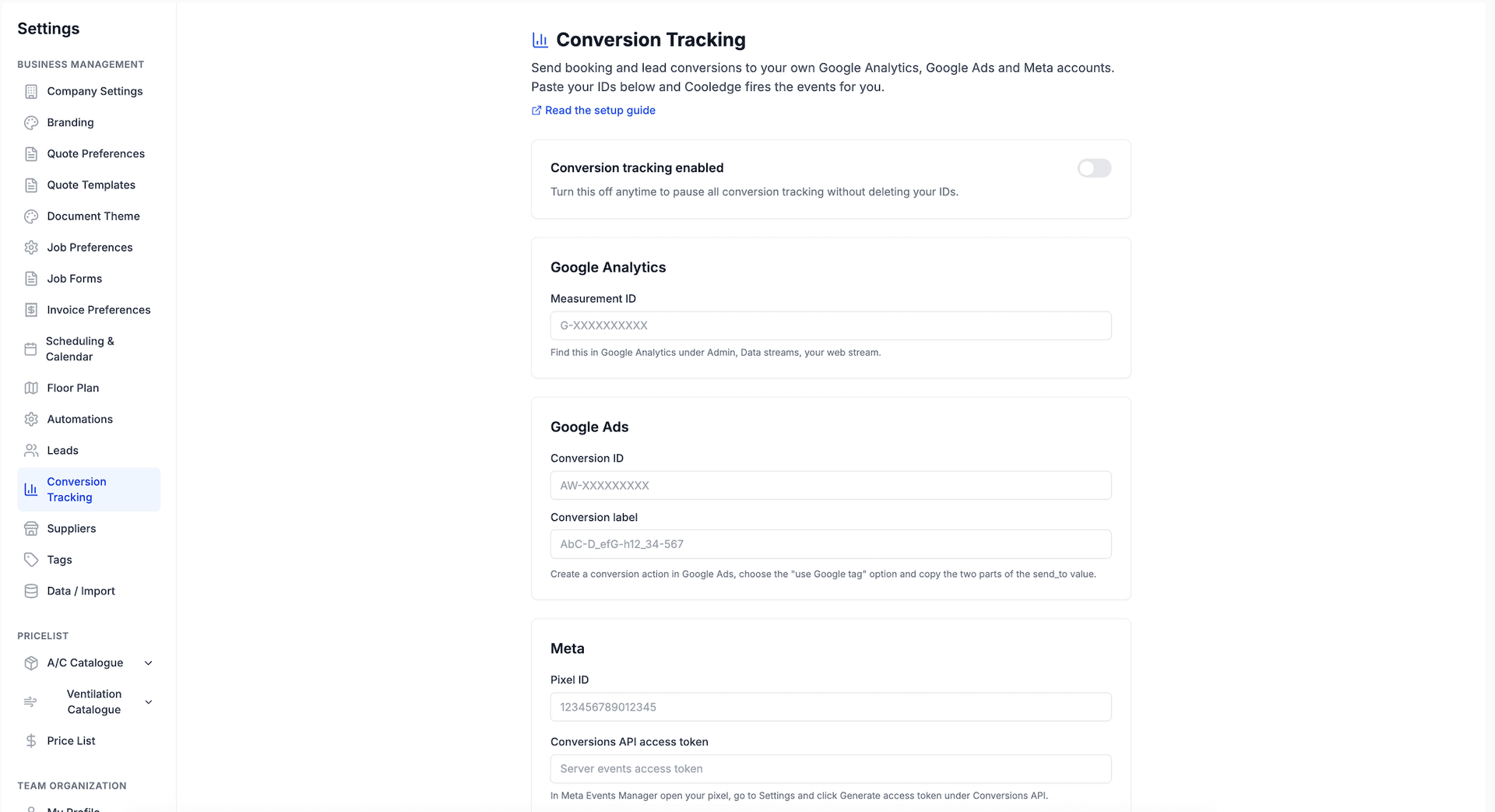 The Conversion Tracking settings page in Cooledge