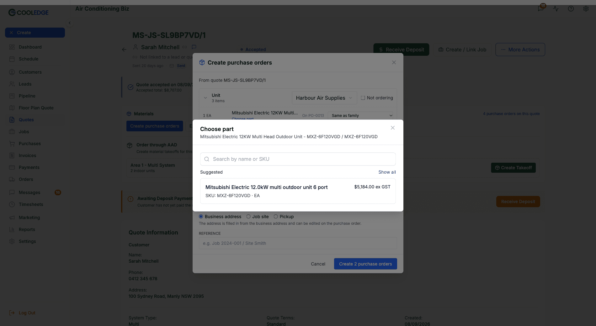 Choose part over the Create purchase orders modal, showing a Suggested match for the unit's model at $5,184.00 ex GST
