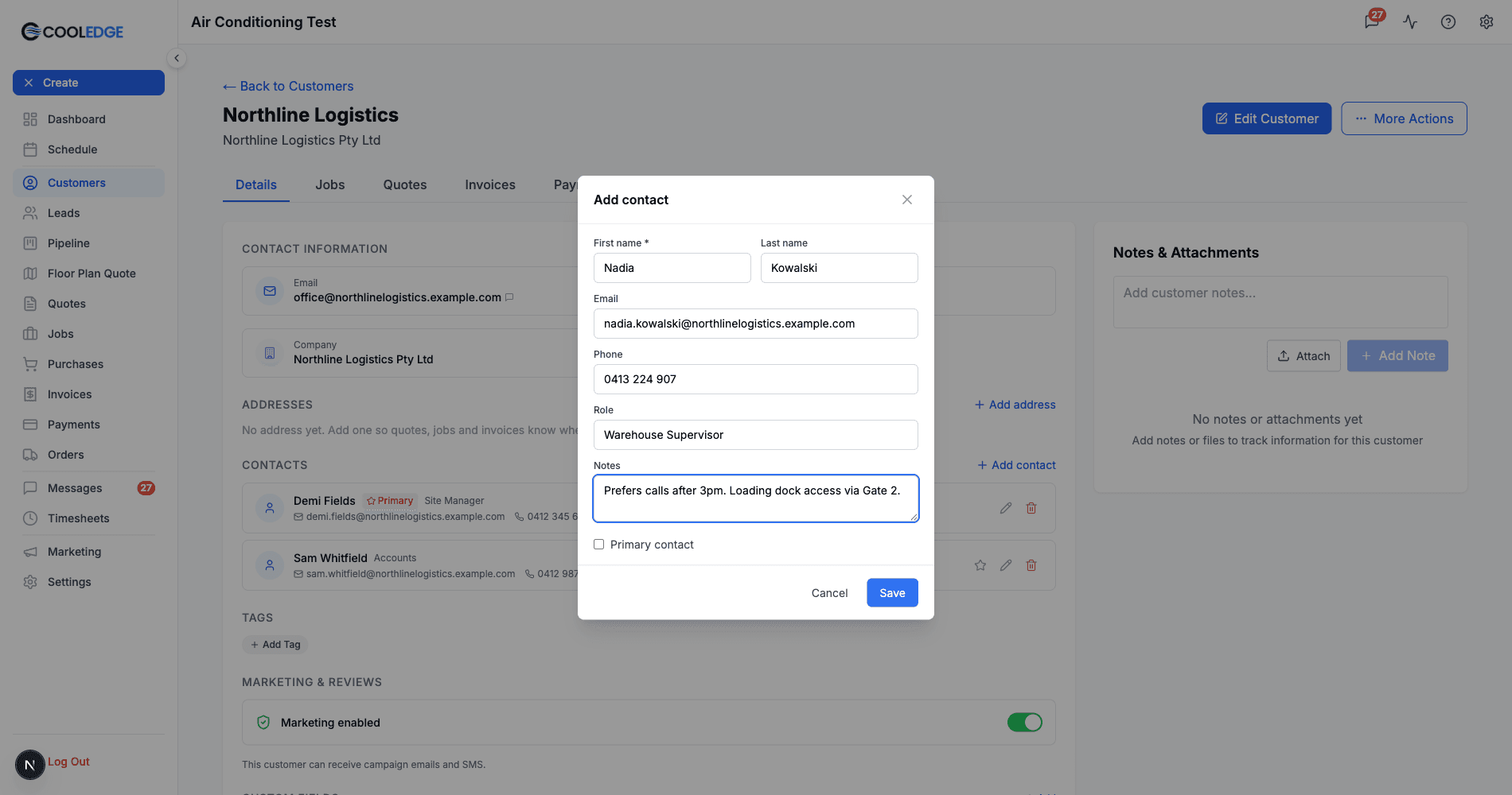 The Add contact form, filled in with a name, email, phone, role and notes