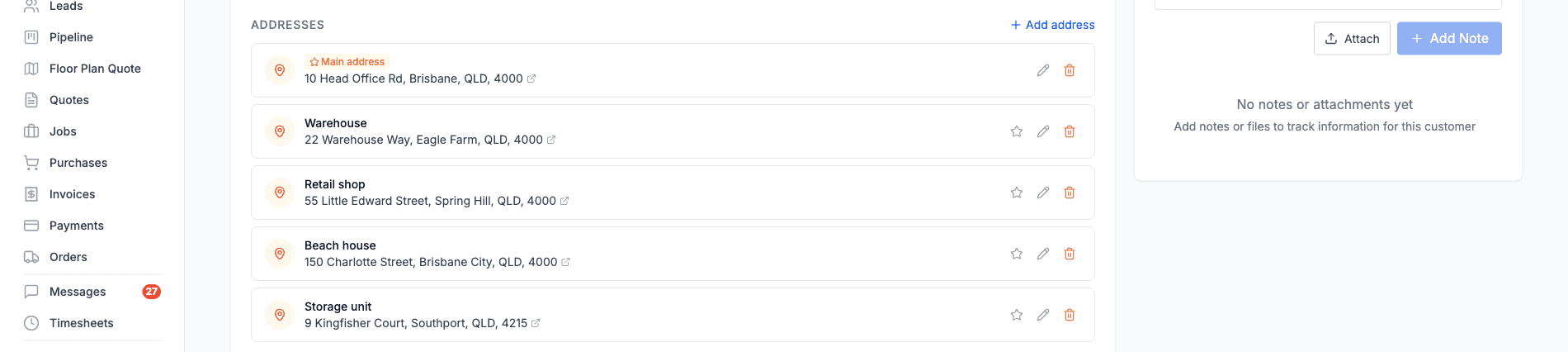The Addresses section on a customer's Details tab, main address first