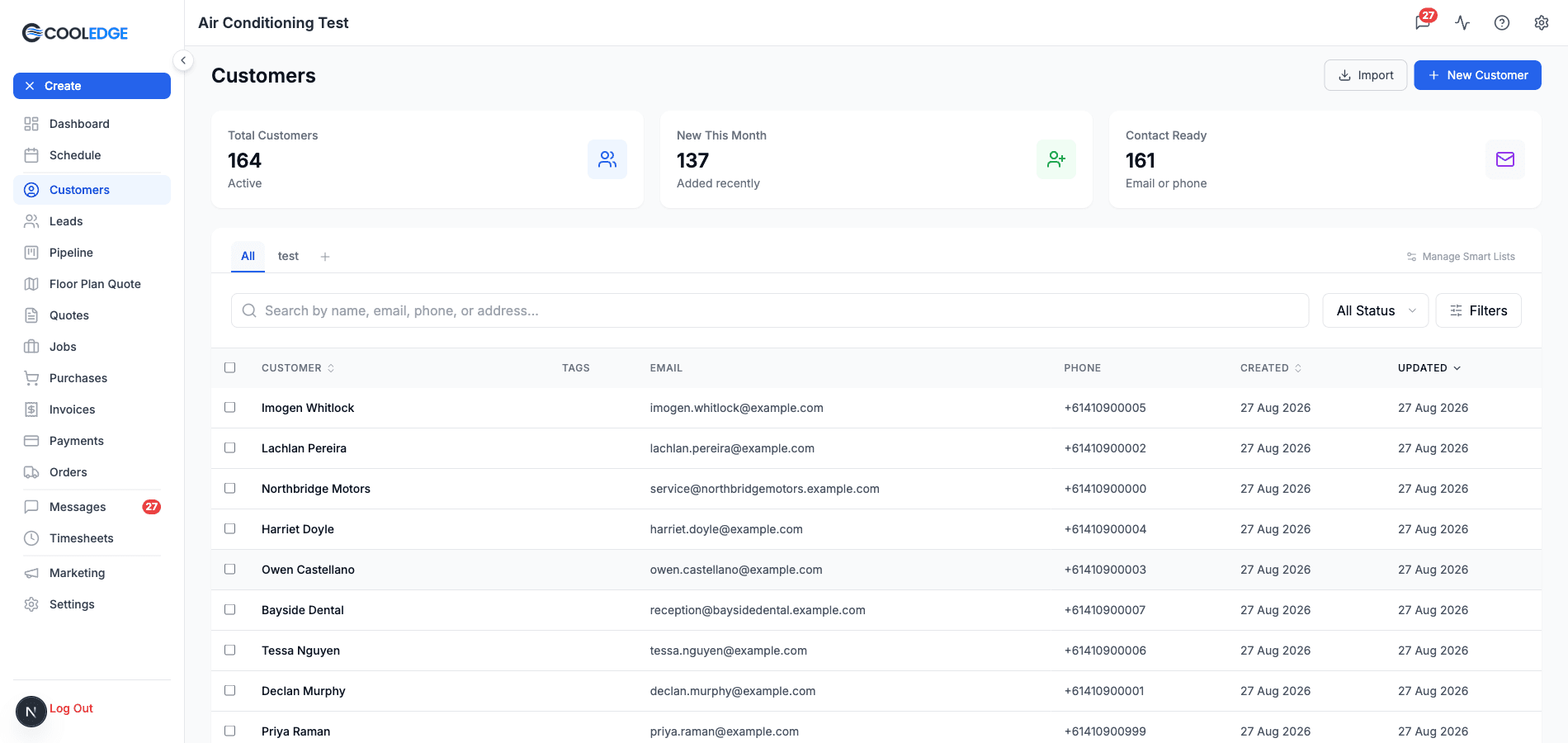 The Customers page, with the New Customer button in the top right