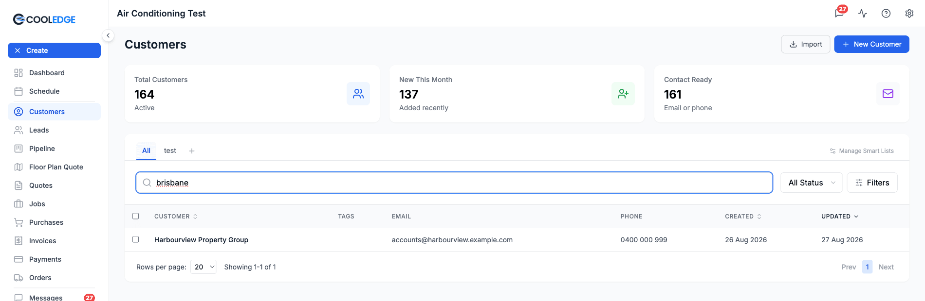 The Customers page search, filtering the table by a suburb