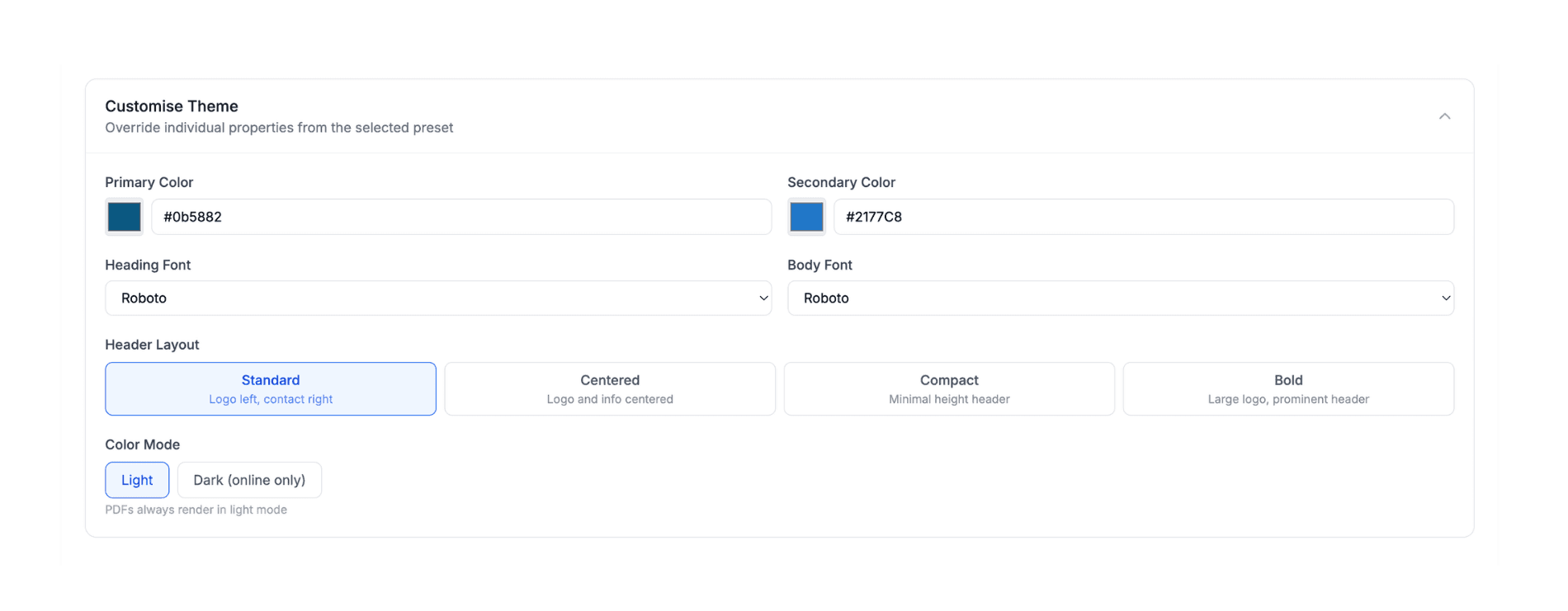 Document theme customisation settings
