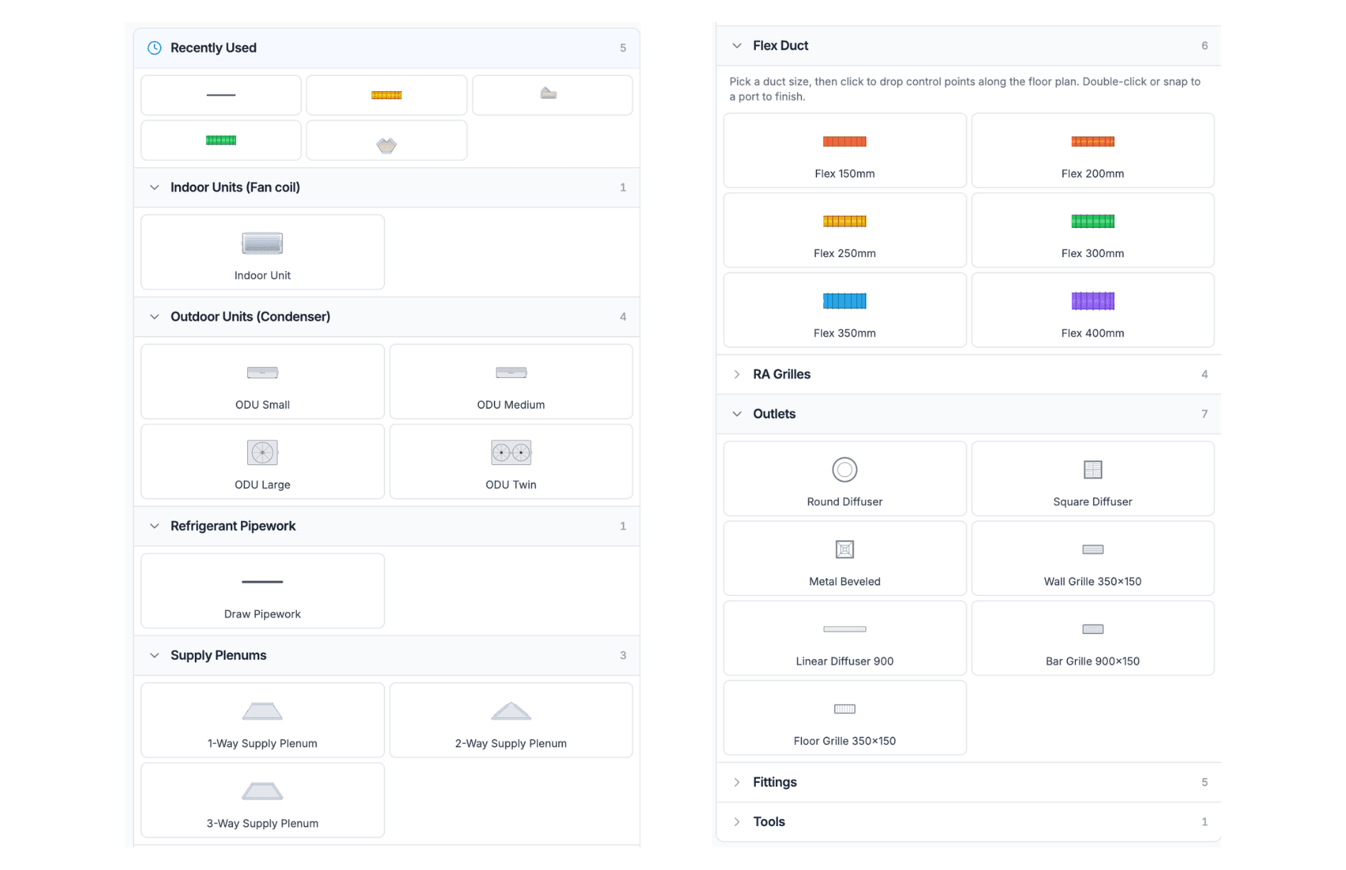 Parts panel with all component categories expanded