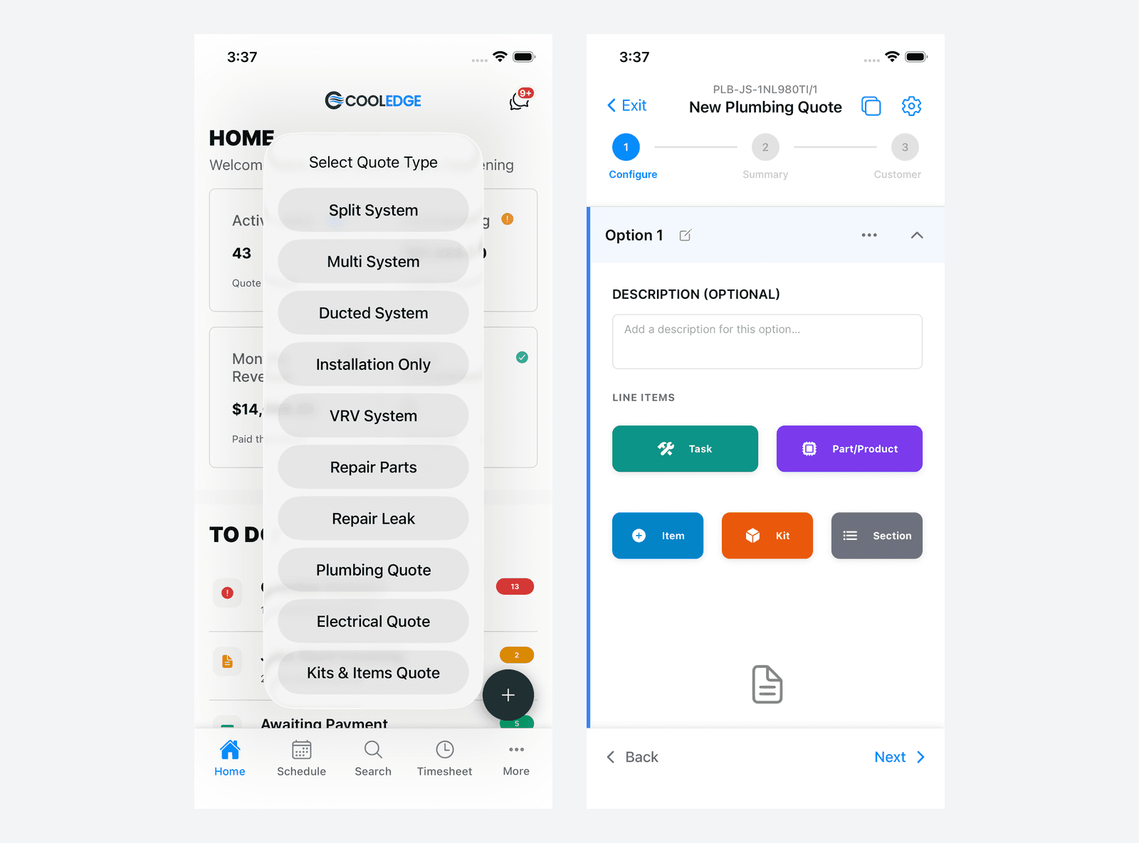 Mobile app showing the create quote sheet and a new plumbing quote editor