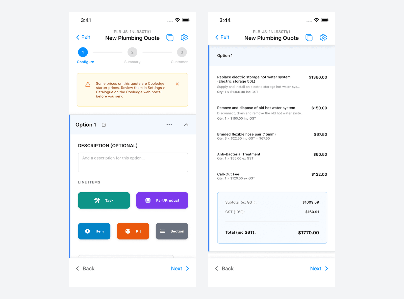 The starter price notice on a mobile quote on the left, the summary totals on the right