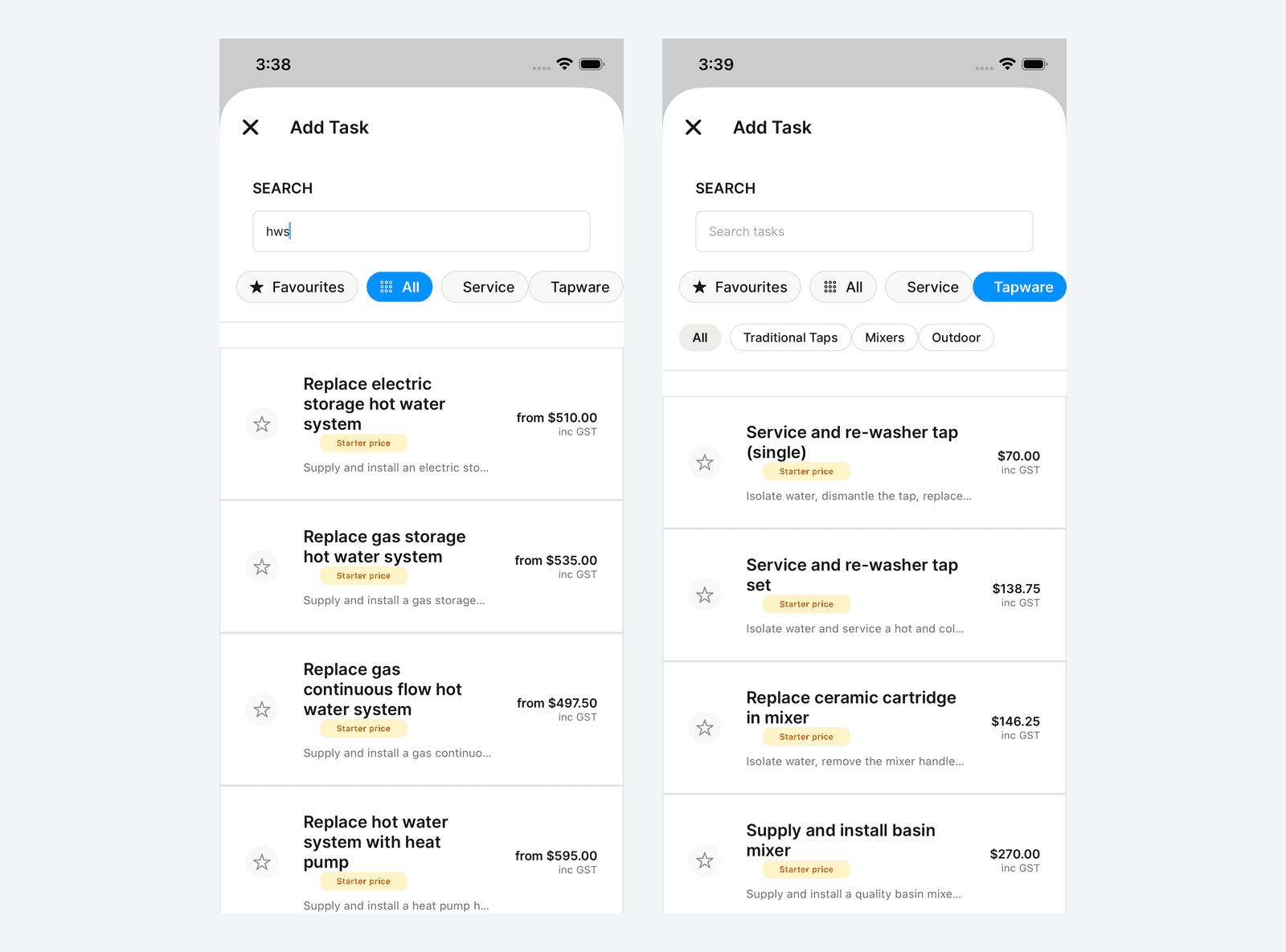 Searching hws in the mobile task picker on the left, the Tapware category pill with its subcategory pills on the right