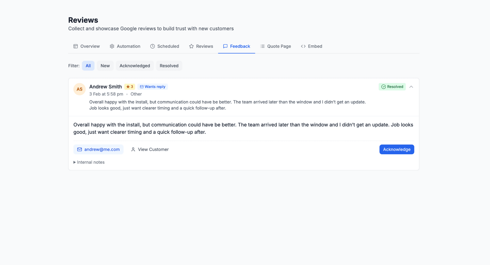 Feedback management page