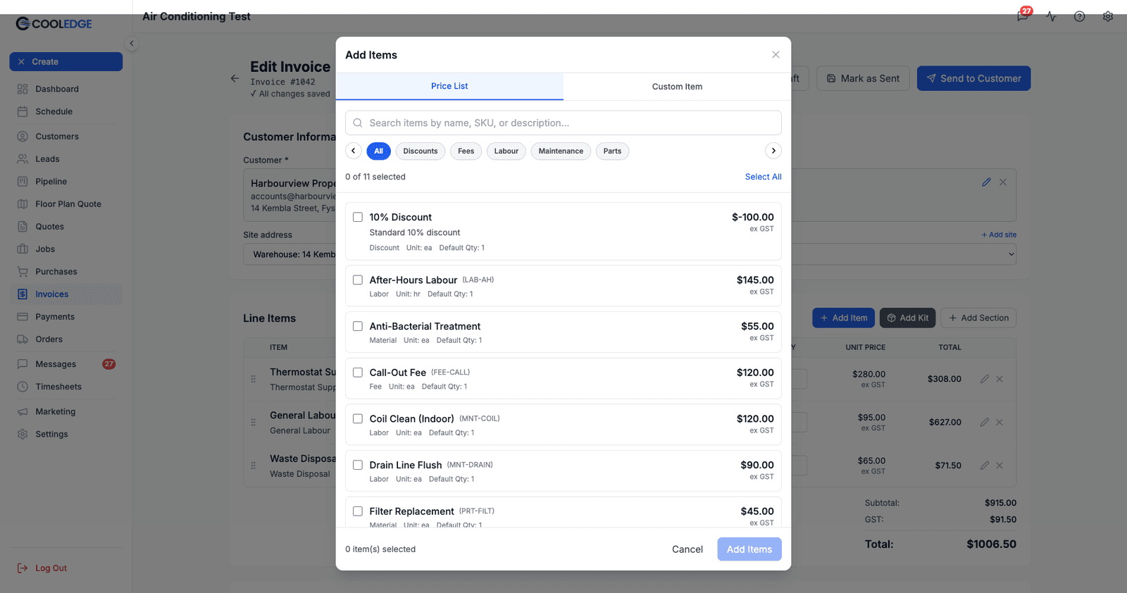 The Add Items modal on an invoice, showing the Price List tab with a search box, category chips and tickable item rows