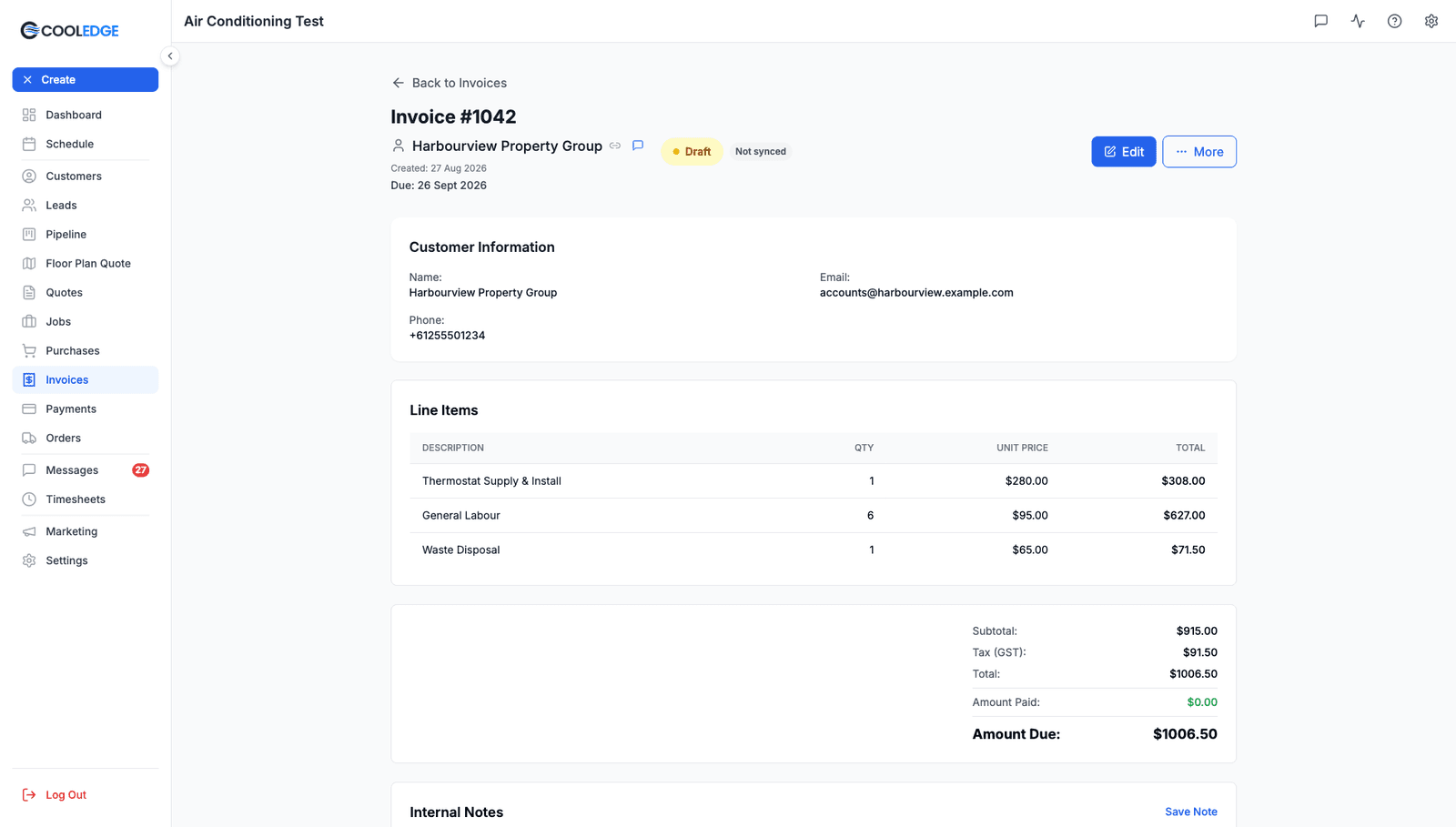 An invoice detail page, showing the Draft badge, the Edit and More buttons top right, the Customer Information panel and the read-only Line Items table