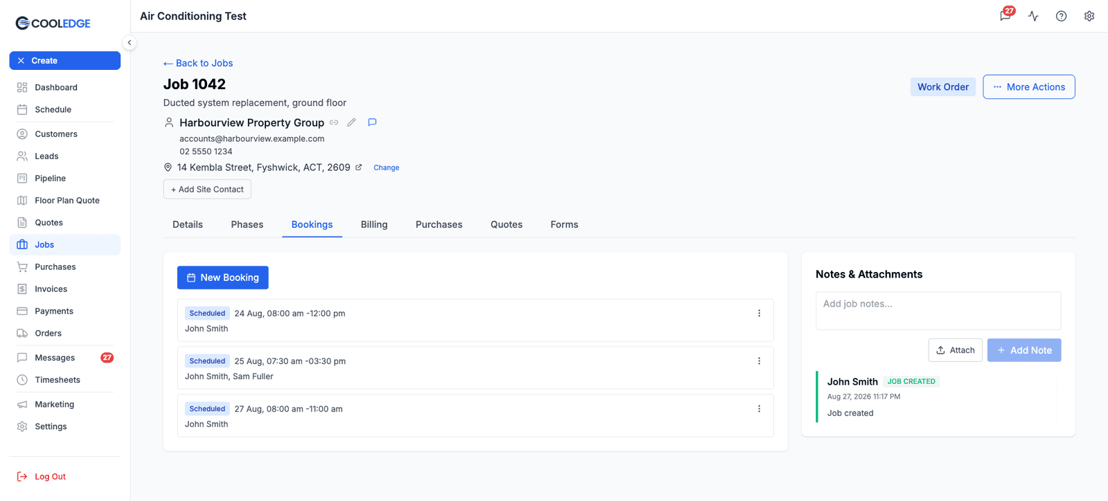 The Bookings tab on a job, listing existing bookings with their status and staff, above the New Booking button