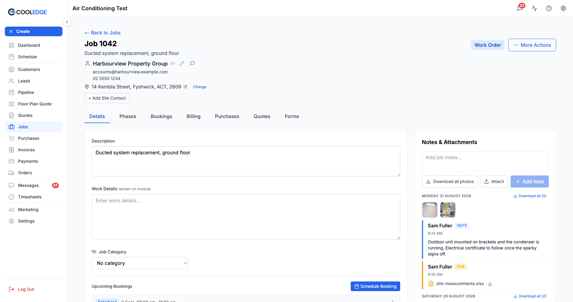 A job detail page, showing the customer header, the seven tabs and the Notes & Attachments panel on the right