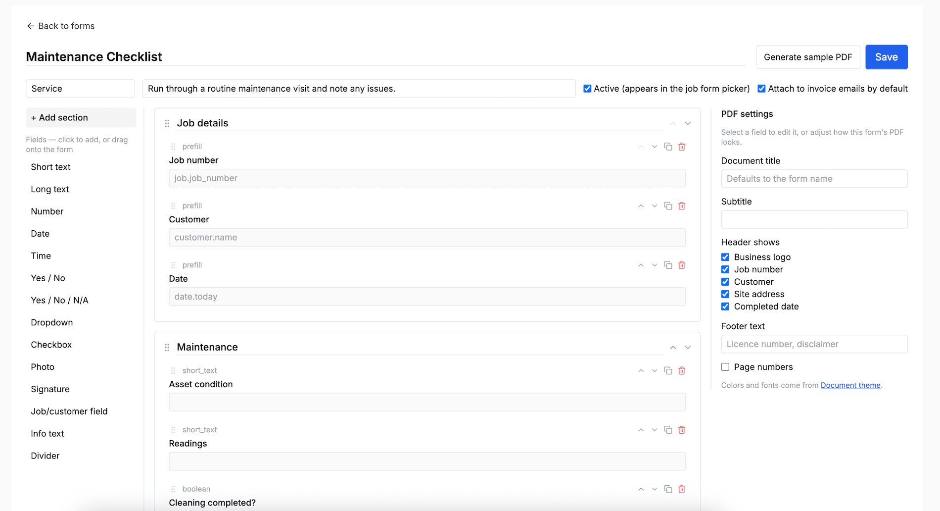 The form builder with the field library on the left, a Maintenance Checklist form on the canvas and the PDF settings panel on the right