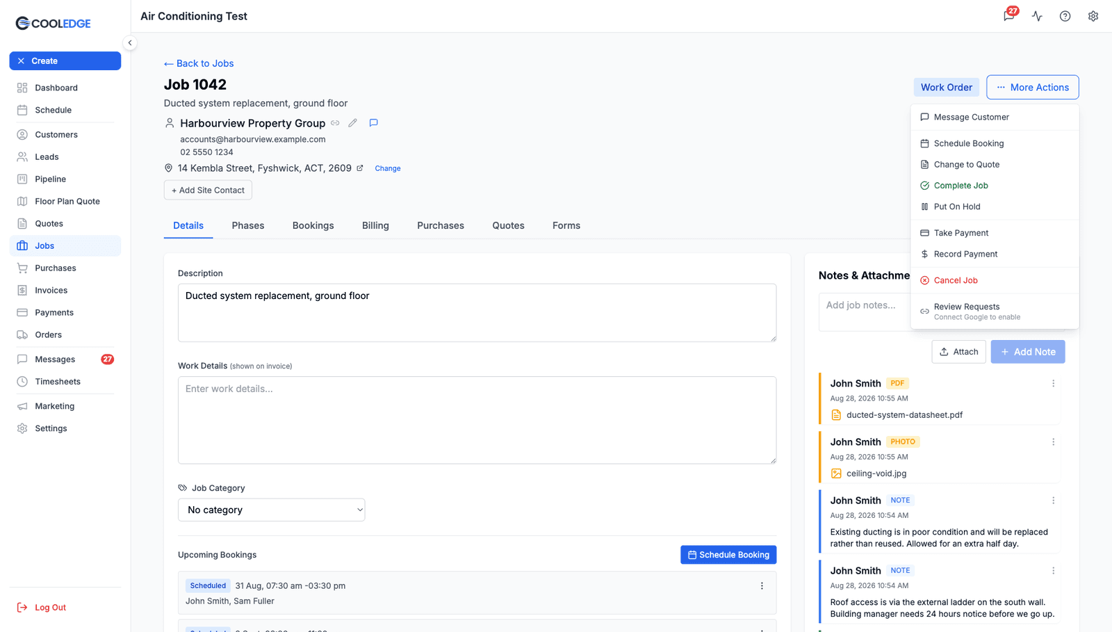 The More Actions menu on a Work Order job, offering Change to Quote, Complete Job, Put On Hold, Take Payment, Record Payment and Cancel Job