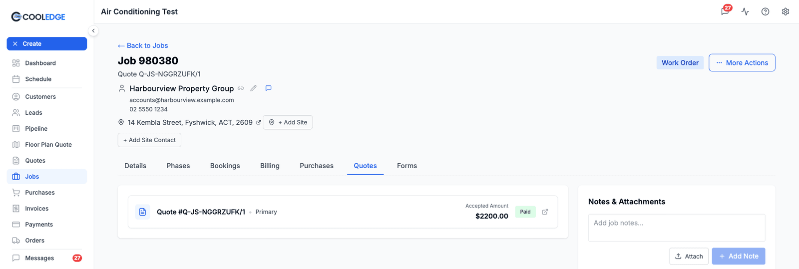 The Quotes tab of a job, listing one linked quote with its link type, accepted amount and status, and no controls to add or remove a link