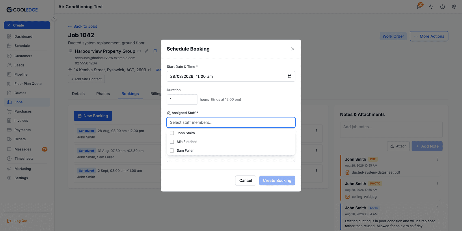 The Schedule Booking modal on a job, with an editable start time, a duration in hours and a multi-select Assigned Staff list