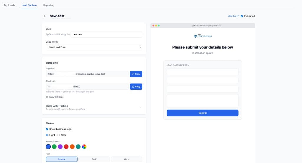 Landing page builder with live preview