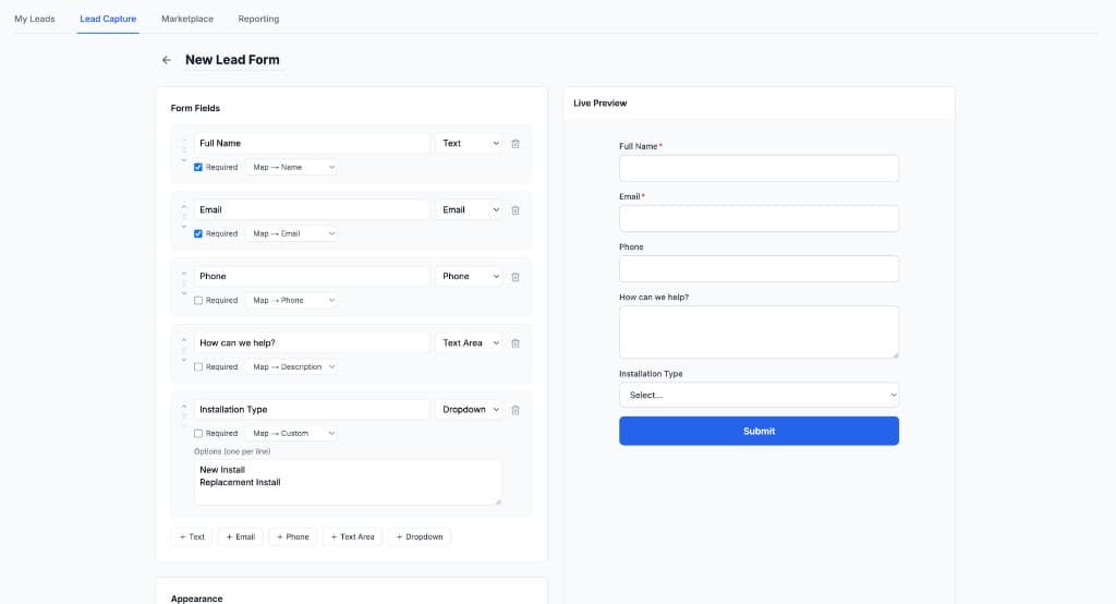 Lead form builder with fields and live preview