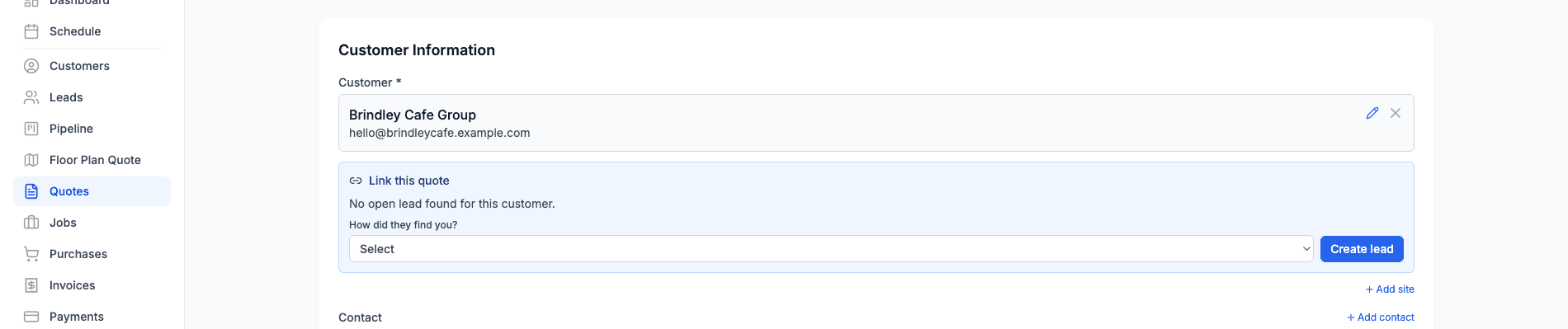 The link panel showing No open lead found for this customer, a How did they find you dropdown and a blue Create lead button