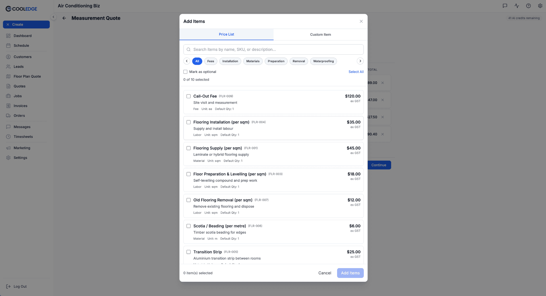 Add Items modal — Price List tab with category filters and item checkboxes