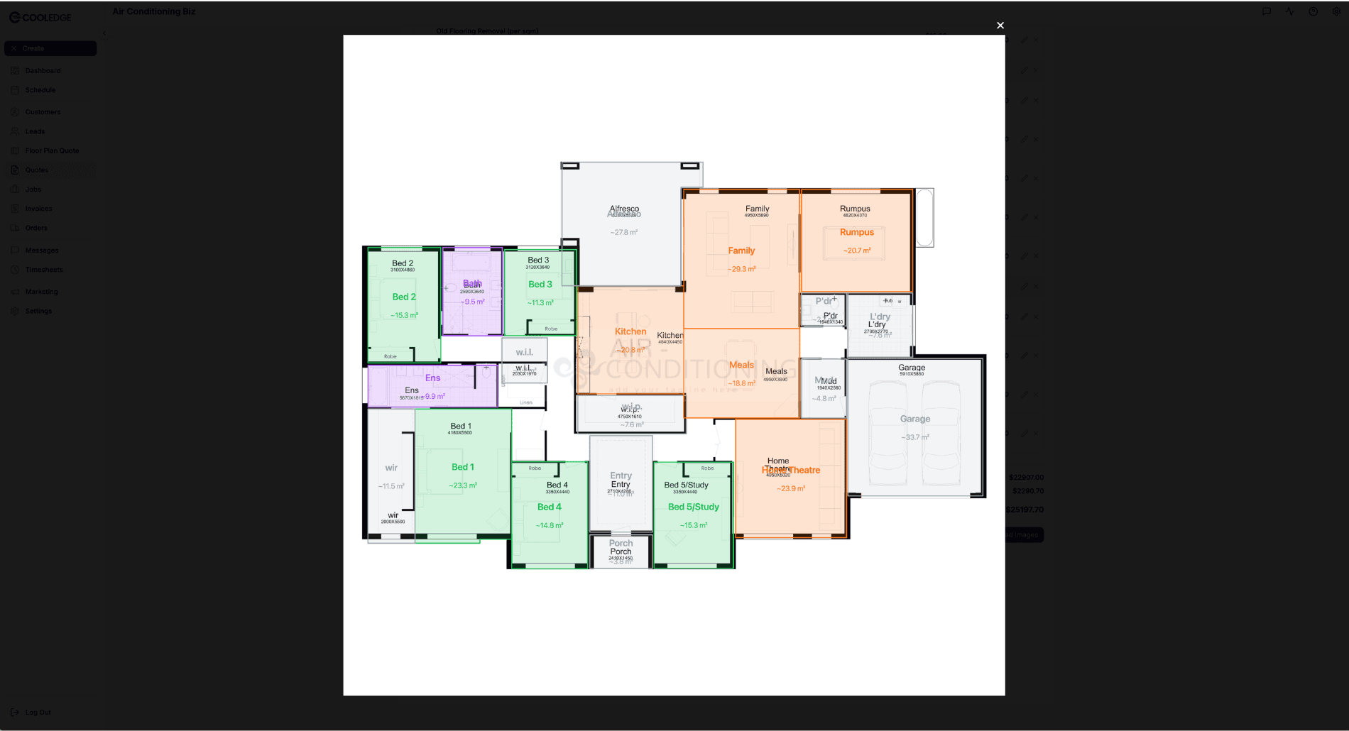 Floor plan attached to the quote PDF with colour-coded groups