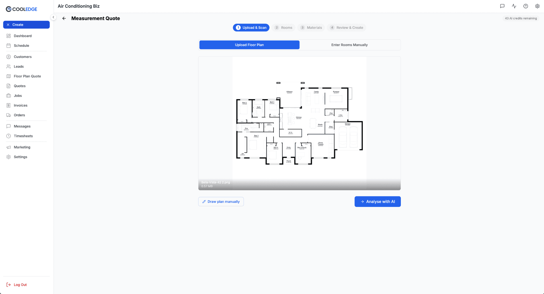 Upload step with a floor plan ready to analyse with AI