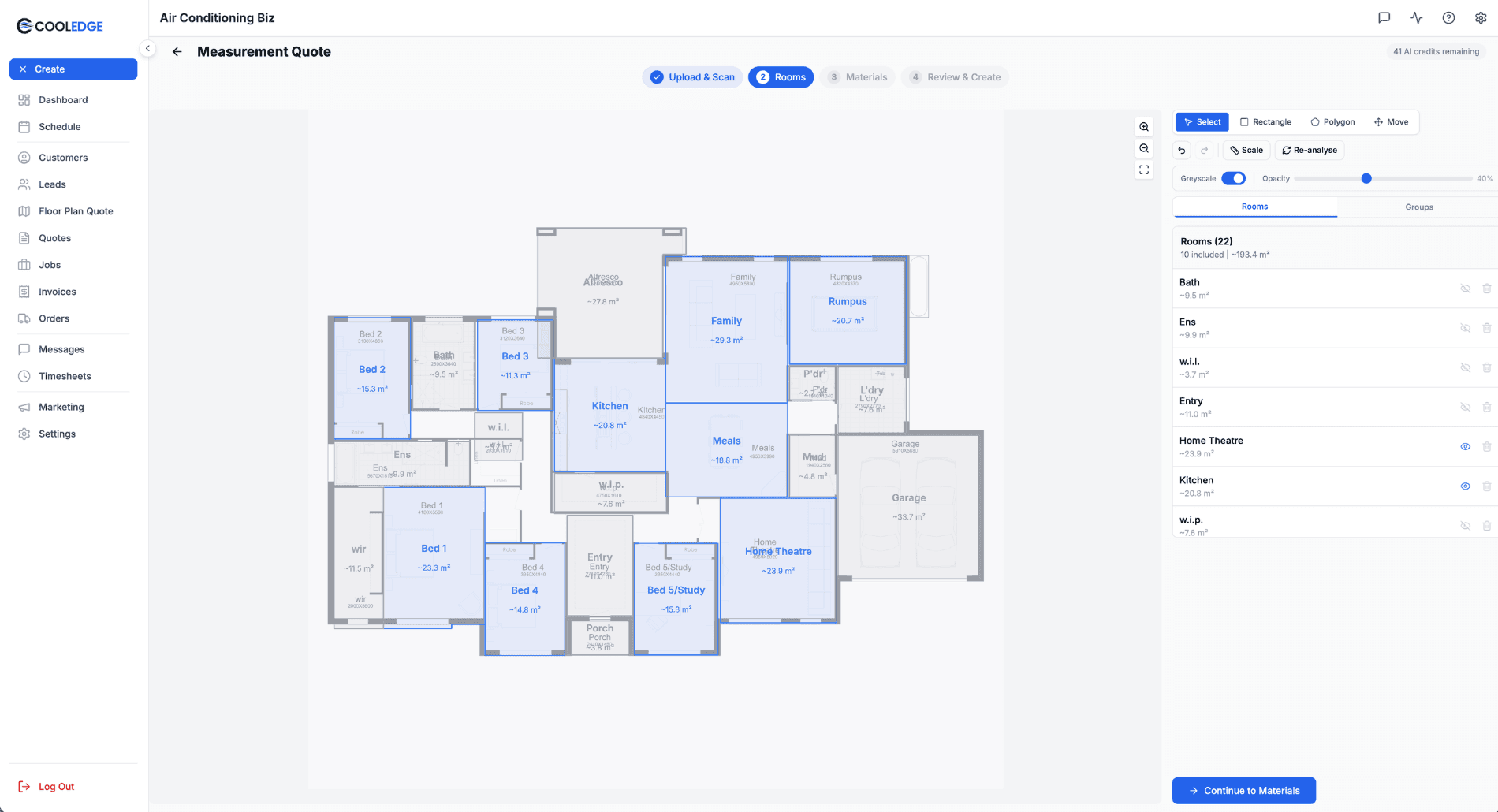 Rooms step with detected rooms highlighted and listed in the sidebar