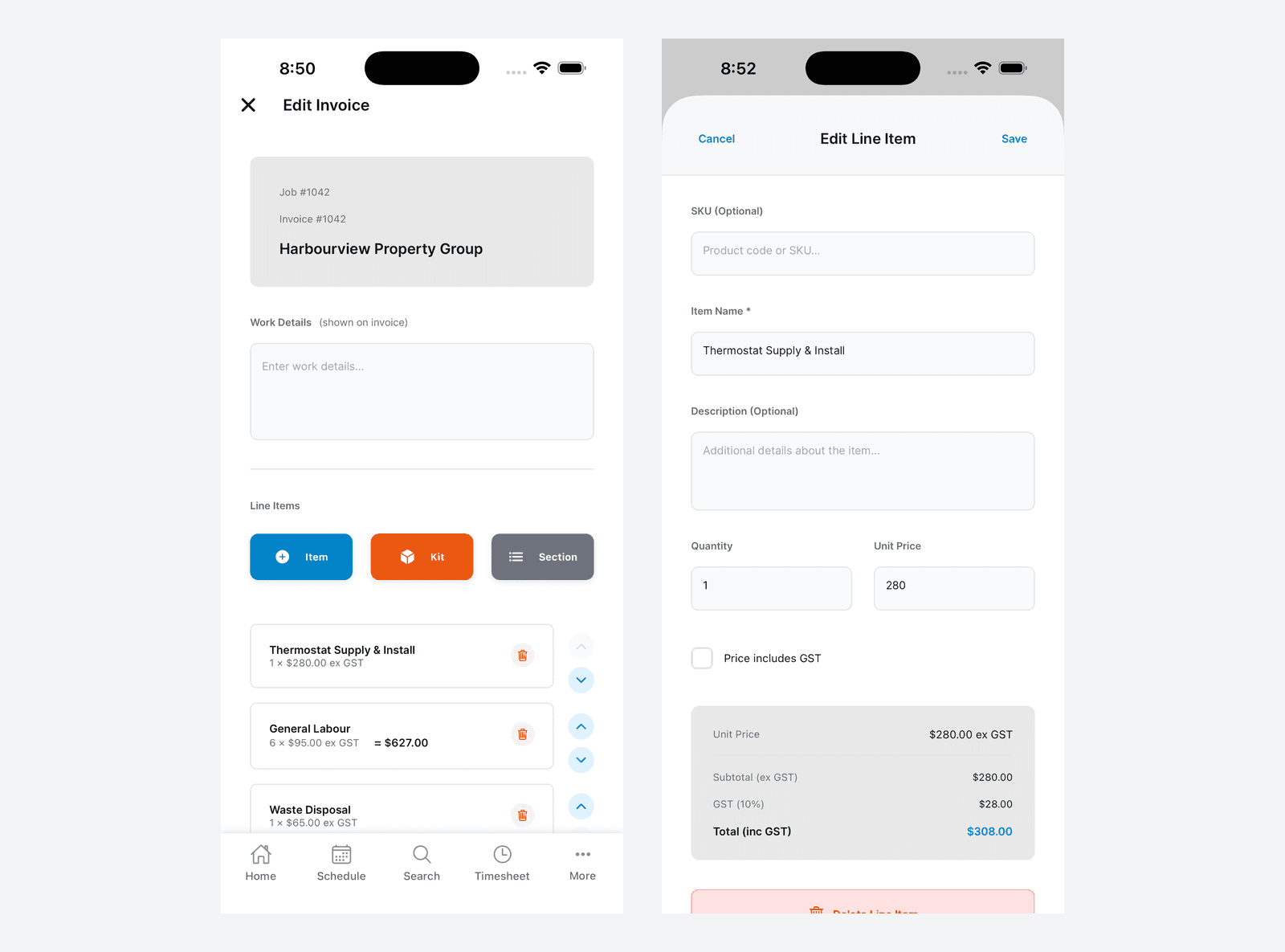 The mobile invoice editor with its Item, Kit and Section buttons beside the Edit Line Item sheet and its live total breakdown