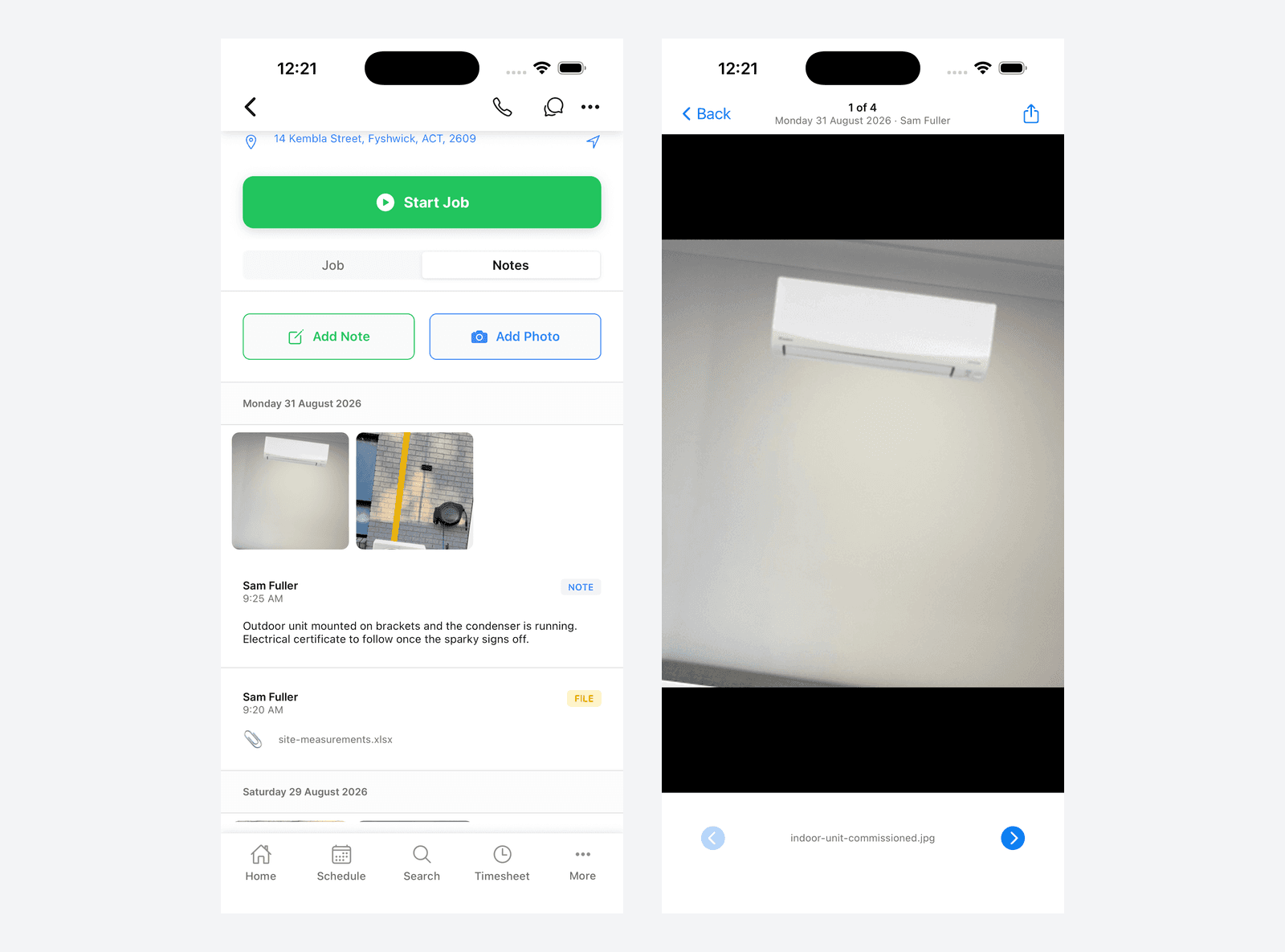 The mobile Notes tab with a day heading and a photo grid, beside the image viewer open on a photo showing 1 of 4 and the share button