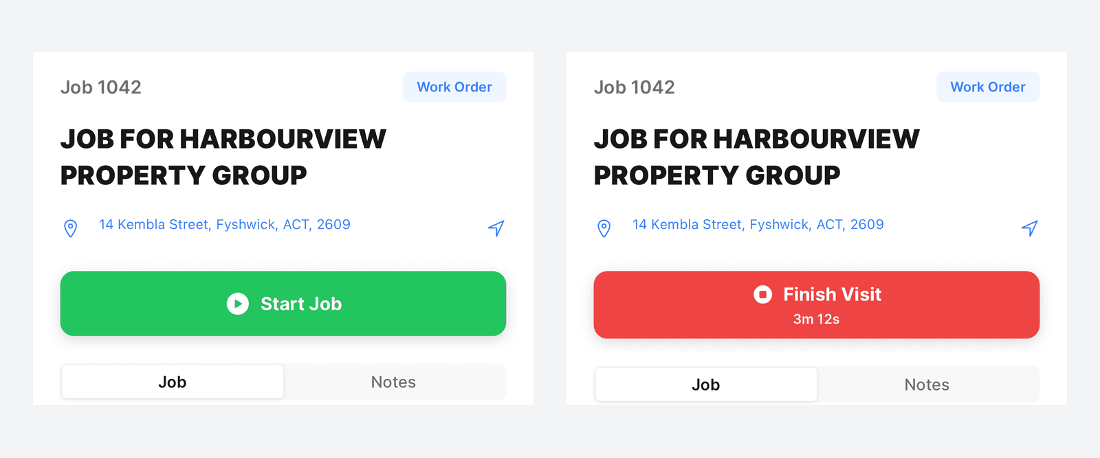 The job screen before and after starting a timer: the green Start Job button becomes a red Finish Visit button with the time counting up