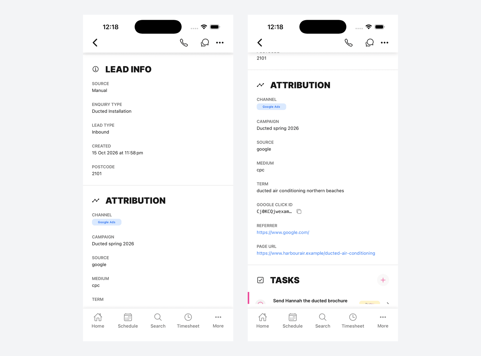 A lead in the mobile app showing Lead info with source, enquiry type, lead type, created date and postcode, beside the Attribution section with a Google Ads channel, campaign details, a Google click id, the referrer and the page URL