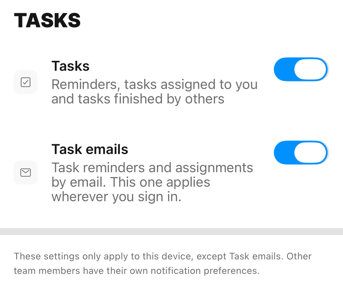 The Tasks section of Notification Preferences with the Tasks and Task emails switches both on