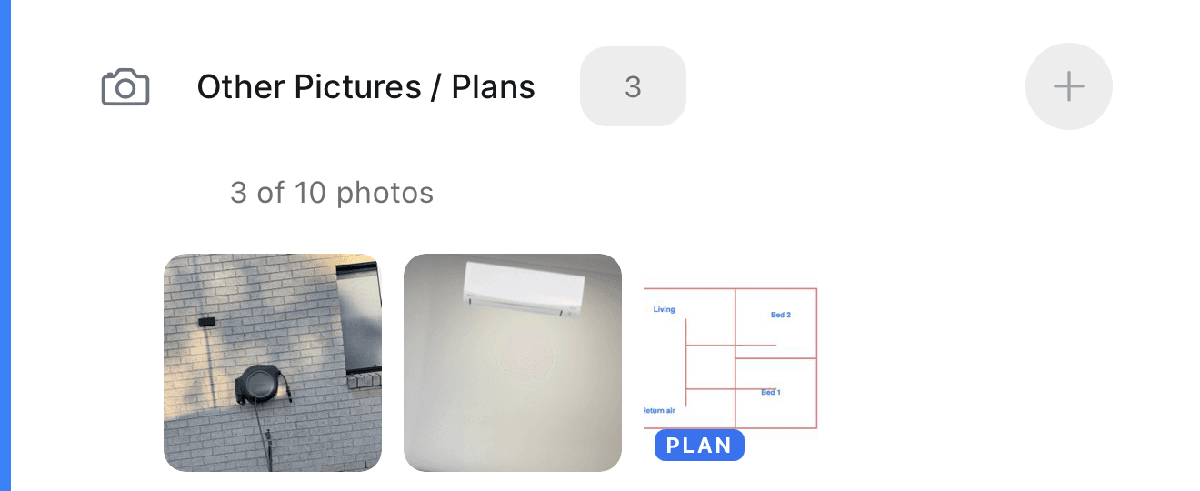 The Other Pictures / Plans section in the mobile app, showing three thumbnails where the third is a plan carrying the PLAN badge