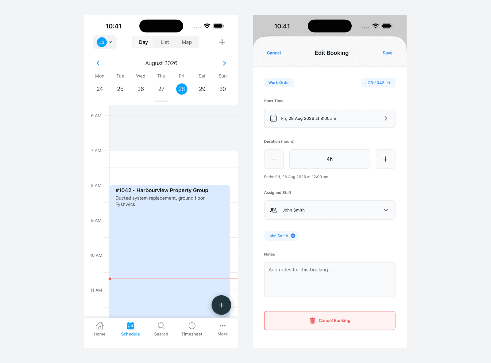 Day view of the mobile Schedule beside the Edit Booking sheet that opens when you tap a booking block