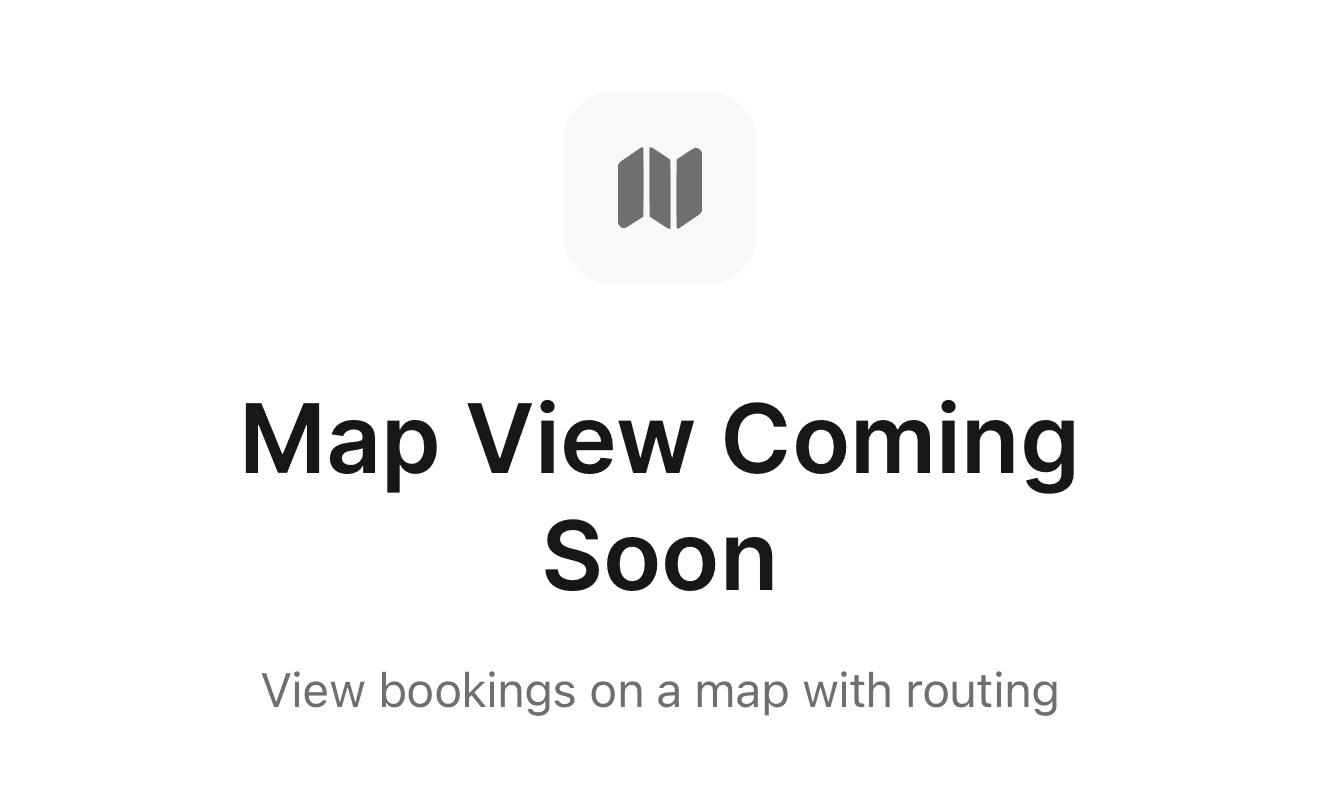 The Map view of the mobile Schedule, showing the Map View Coming Soon placeholder instead of a map